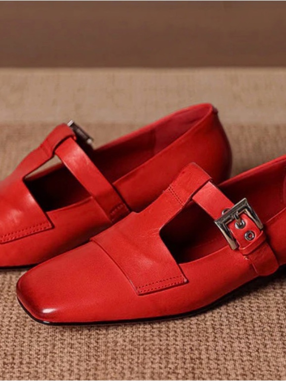 Hand Stitched Leather Women’s Red Mary Jane Buckle Low Heel Shoes - Picture 7 of 7